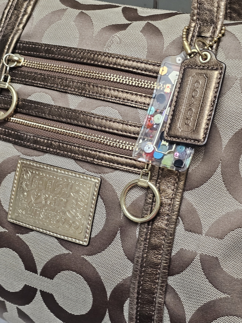 Coach Poppy Glam Op Art Signature Jacquard Canvas & Khaki Bronze Metallic Tote - Picture 2 of 15